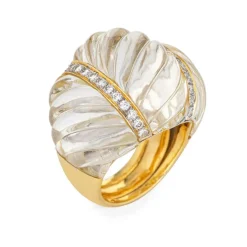 Bague Cannelée Cristal de Roche Diamant Dôme Cocktail Vintage Or