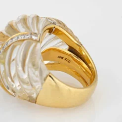 Bague Cannelée Cristal de Roche Diamant Dôme Cocktail Vintage Or
