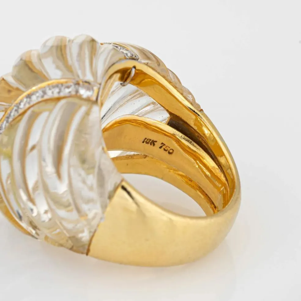 Bague Cannelée Cristal de Roche Diamant Dôme Cocktail Vintage Or