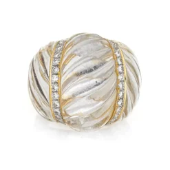Bague Cannelée Cristal de Roche Diamant Dôme Cocktail Vintage Or
