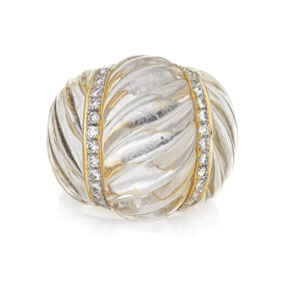 Bague Cannelée Cristal de Roche Diamant Dôme Cocktail Vintage Or