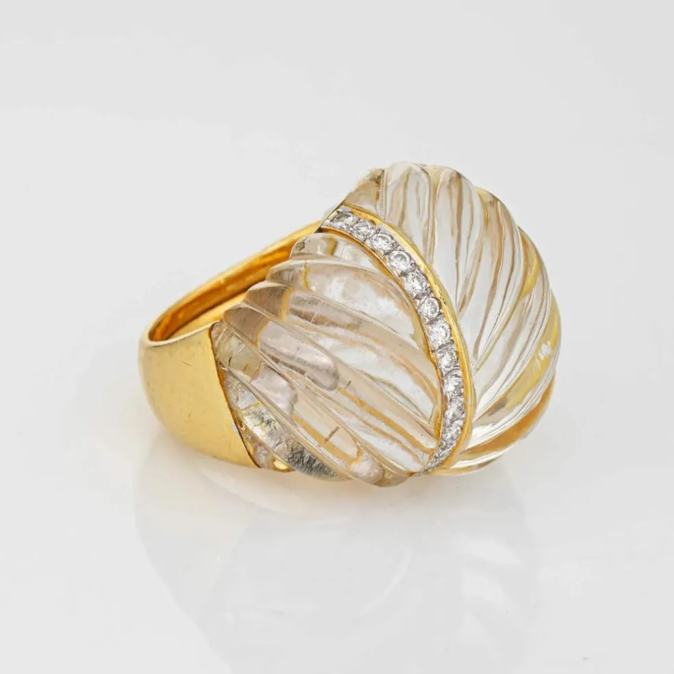 Bague Cannelée Cristal de Roche Diamant Dôme Cocktail Vintage Or