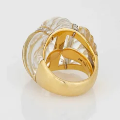 Bague Cannelée Cristal de Roche Diamant Dôme Cocktail Vintage Or