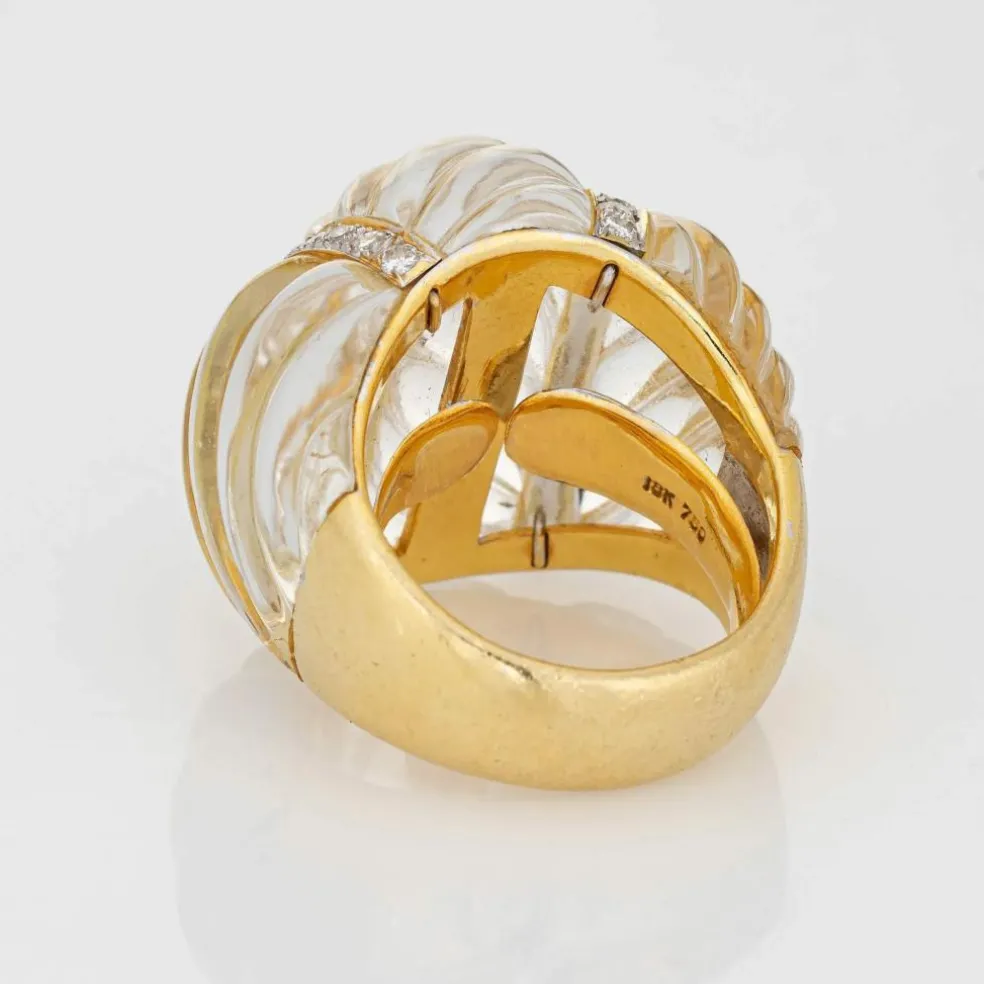 Bague Cannelée Cristal de Roche Diamant Dôme Cocktail Vintage Or