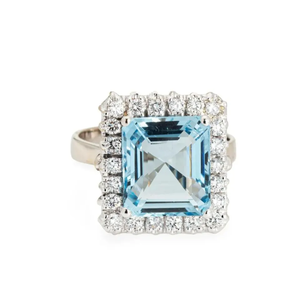 Bague carrée diamant aigue-marine 5,35 ct or blanc vintage