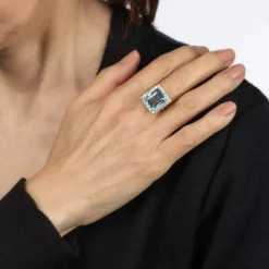 Bague carrée diamant aigue-marine 5,35 ct or blanc vintage