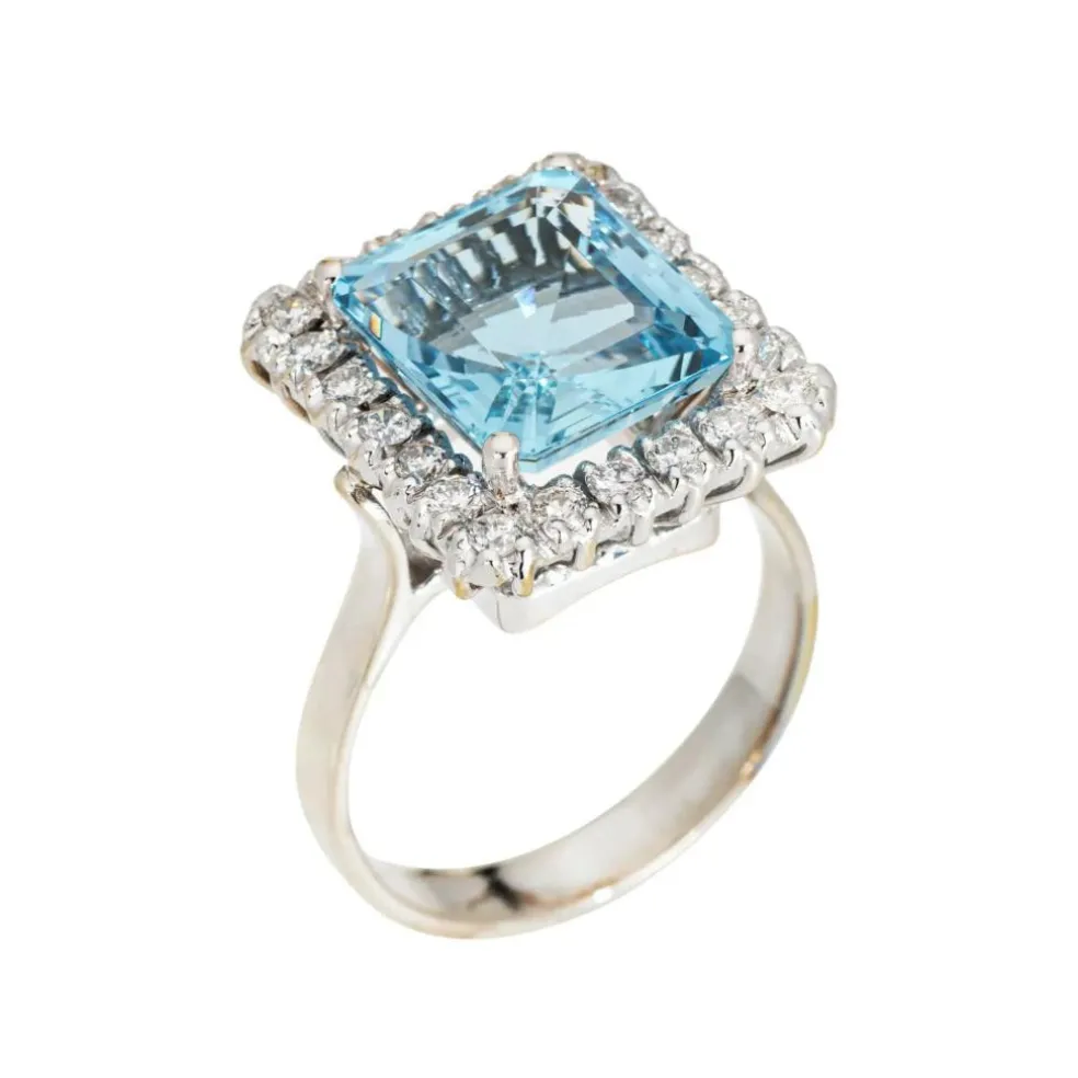Bague carrée diamant aigue-marine 5,35 ct or blanc vintage
