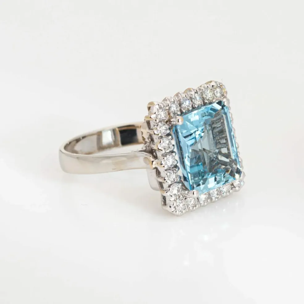 Bague carrée diamant aigue-marine 5,35 ct or blanc vintage