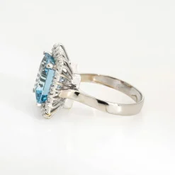 Bague carrée diamant aigue-marine 5,35 ct or blanc vintage