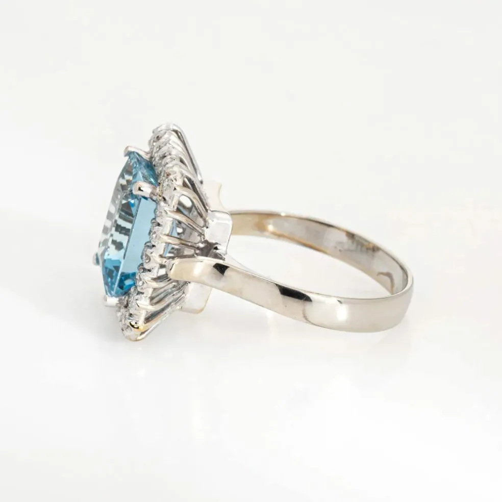 Bague carrée diamant aigue-marine 5,35 ct or blanc vintage