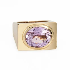 Bague carrée en kunzite des années 70, anneau lourd, vintage, or jaune 14 carats