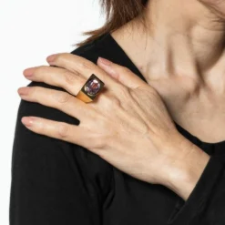 Bague carrée en kunzite des années 70, anneau lourd, vintage, or jaune 14 carats