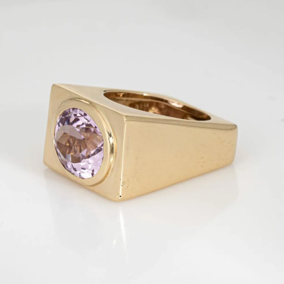 Bague carrée en kunzite des années 70, anneau lourd, vintage, or jaune 14 carats