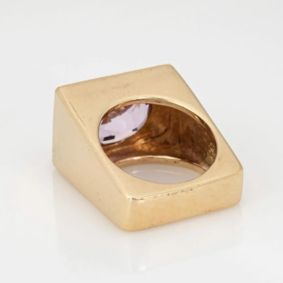 Bague carrée en kunzite des années 70, anneau lourd, vintage, or jaune 14 carats