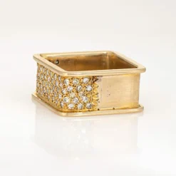 Bague carrée en or jaune 14 carats avec diamants des années 70, bijou vintage