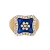 Bague carrée en or jaune, diamant et émail bleu royal