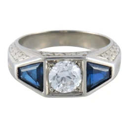 Bague chevalière Art Déco, diamant et saphirs