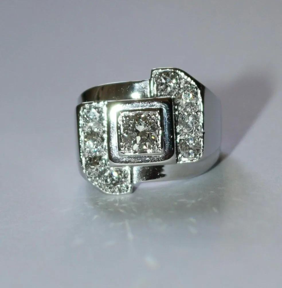 Bague Chevalière Art Déco Or Platine Diamants