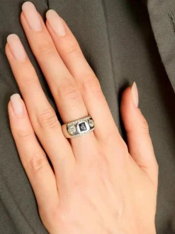 Bague Chevalière Art Déco Platine Saphirs Diamants