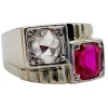 Bague chevalière art deco or blanc 18k et platine ornée d'un diamant taille rose et d'un rubis synthétique