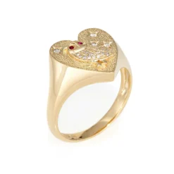 Bague Chevalière Coeur Hibou Diamant Or Jaune