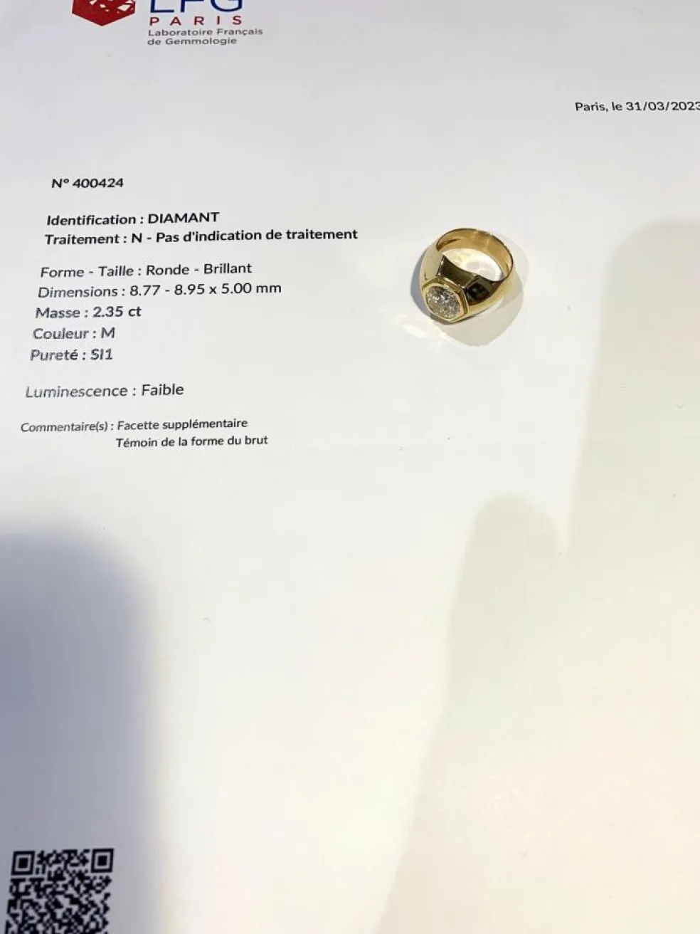 Bague Chevalière diamant 2.35 Carats (Certificat)