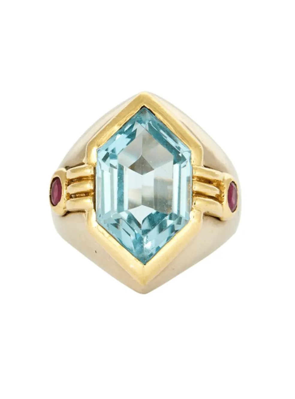 Bague chevalière en or gris topaze bleue et rubis