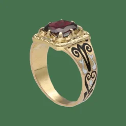 Bague chevalière Napoléon III en or jaune 18K avec émail et grenat – Taille 54