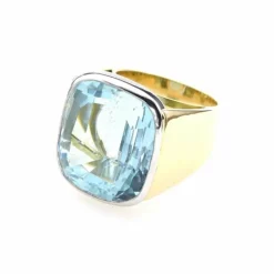 Bague chevalière Or jaune Platine Aigue-marine