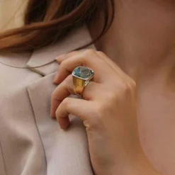 Bague chevalière Or jaune Platine Aigue-marine