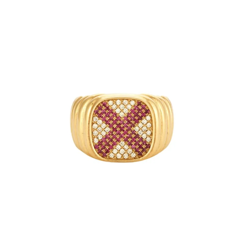 Bague Chevalière plateau diamants/rubis