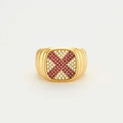 Bague Chevalière plateau diamants/rubis