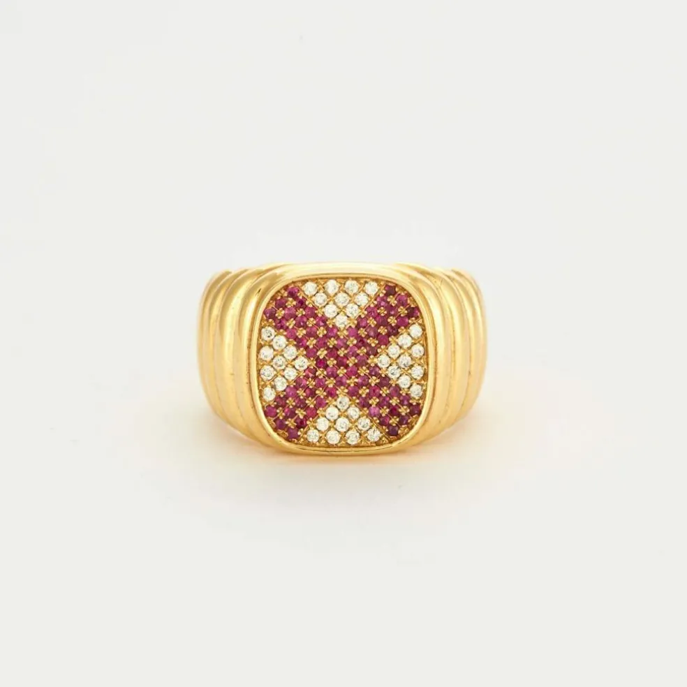 Bague Chevalière plateau diamants/rubis