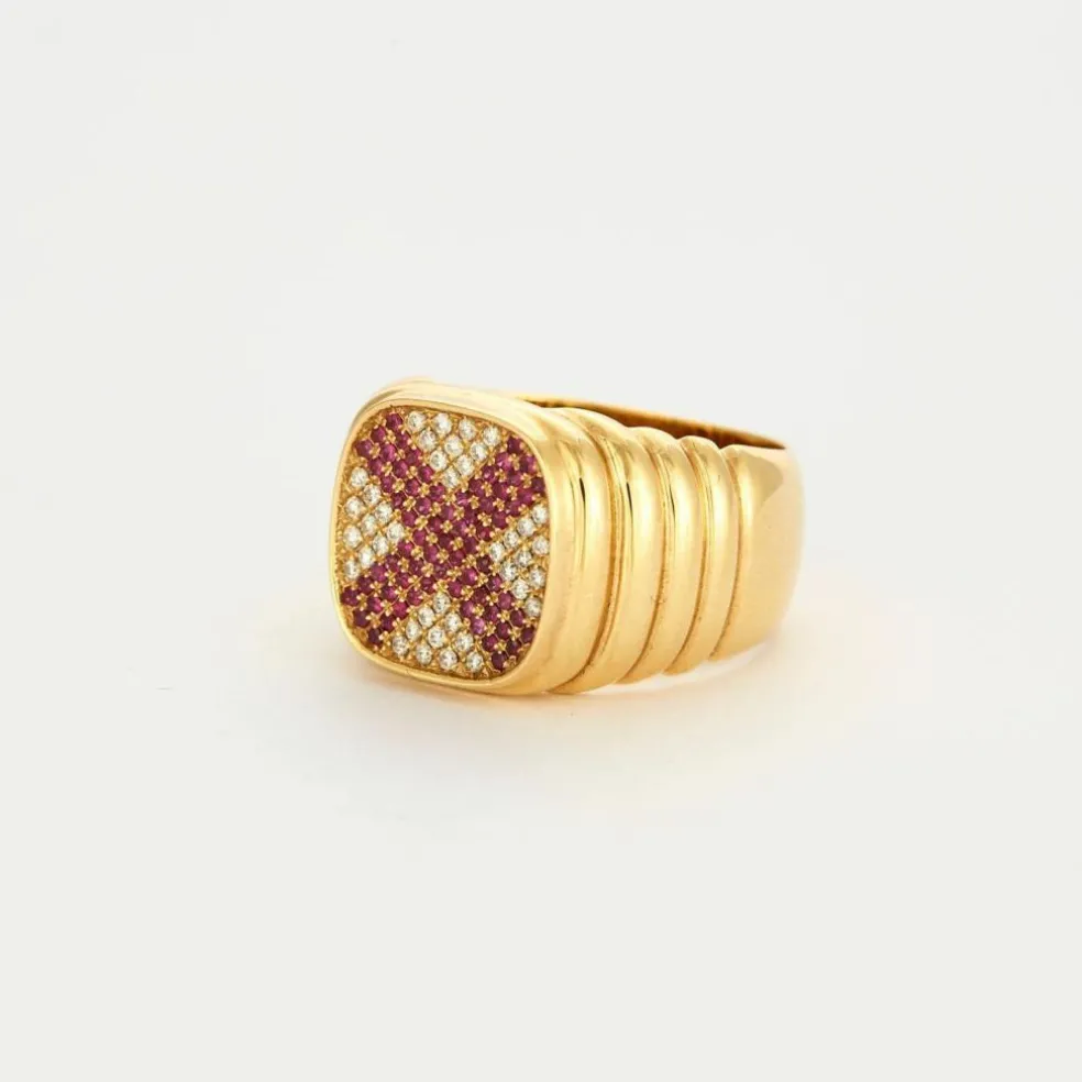 Bague Chevalière plateau diamants/rubis