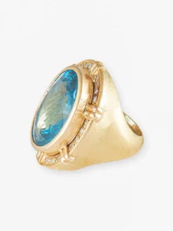 Bague Chevalière, Topaze Bleue & Diamants, Or Jaune