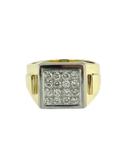 Bague Chevalière vintage or jaune et blanc diamant certificat HRD