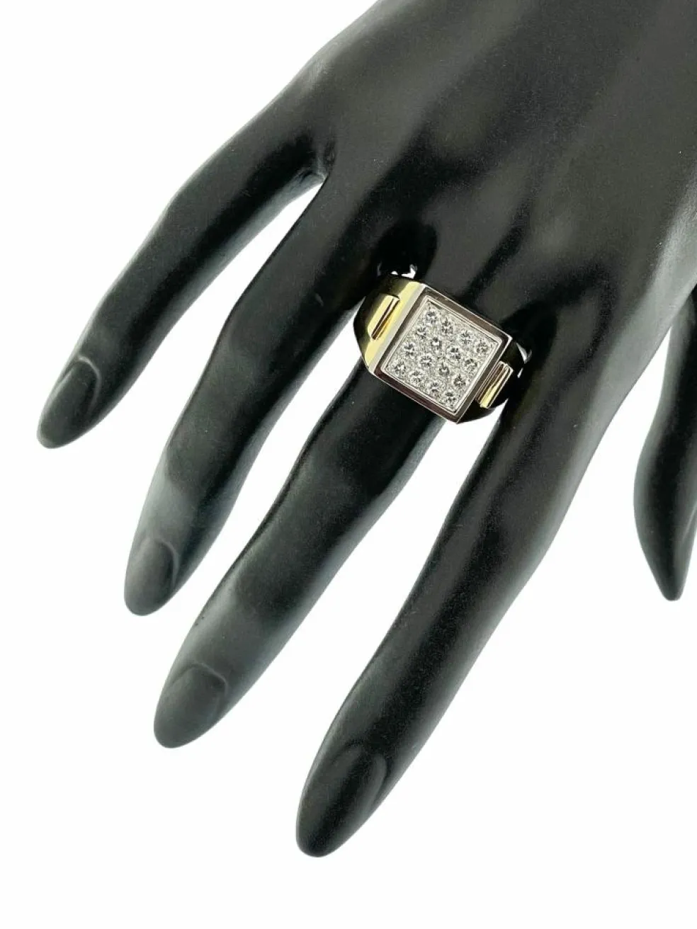 Bague Chevalière vintage or jaune et blanc diamant certificat HRD