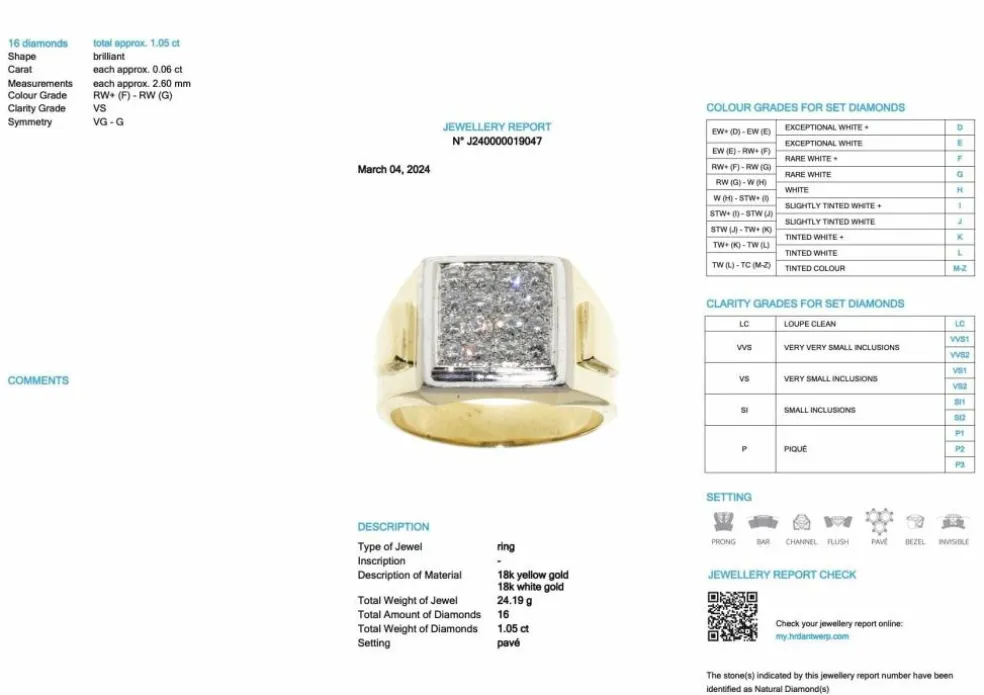 Bague Chevalière vintage or jaune et blanc diamant certificat HRD