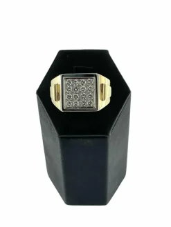 Bague Chevalière vintage or jaune et blanc diamant certificat HRD