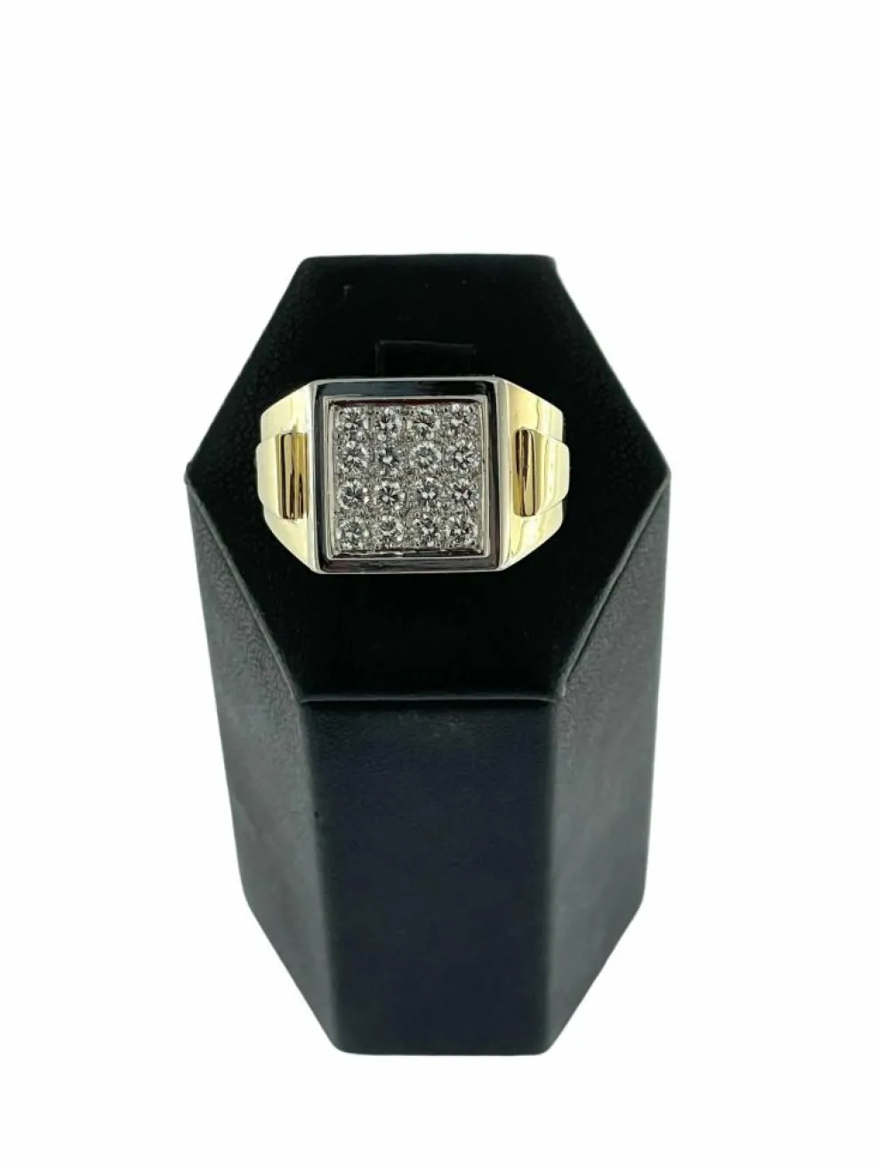 Bague Chevalière vintage or jaune et blanc diamant certificat HRD