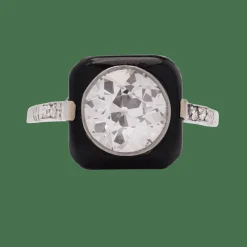 Bague cible Art Déco en platine, onyx et diamant taille ancienne de 2 carats