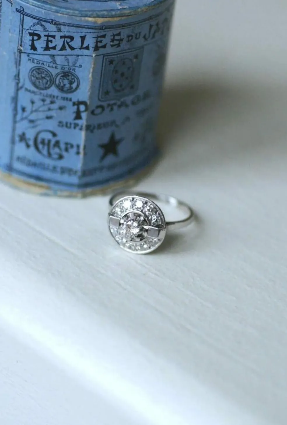 Bague Cible Art Déco Or Blanc Platine Diamant