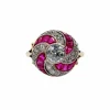 Bague cible tourbillon Art Déco or jaune diamant et rubis calibrés