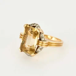 Bague citrine platine et or jaune, diamants