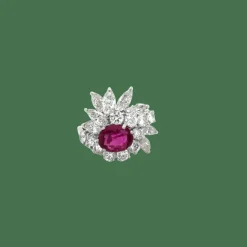 Bague Cocktail années 70 or blanc rubis diamants
