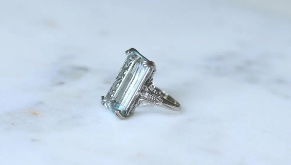 Bague Cocktail Art Déco platine, aigue-marine & diamants