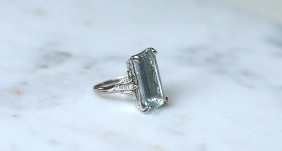 Bague Cocktail Art Déco platine, aigue-marine & diamants
