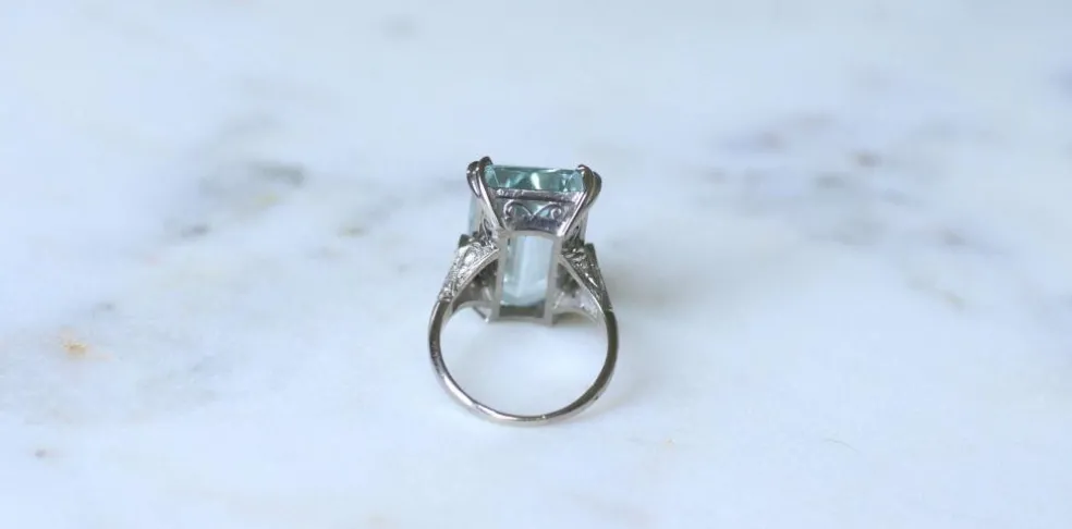 Bague Cocktail Art Déco platine, aigue-marine & diamants