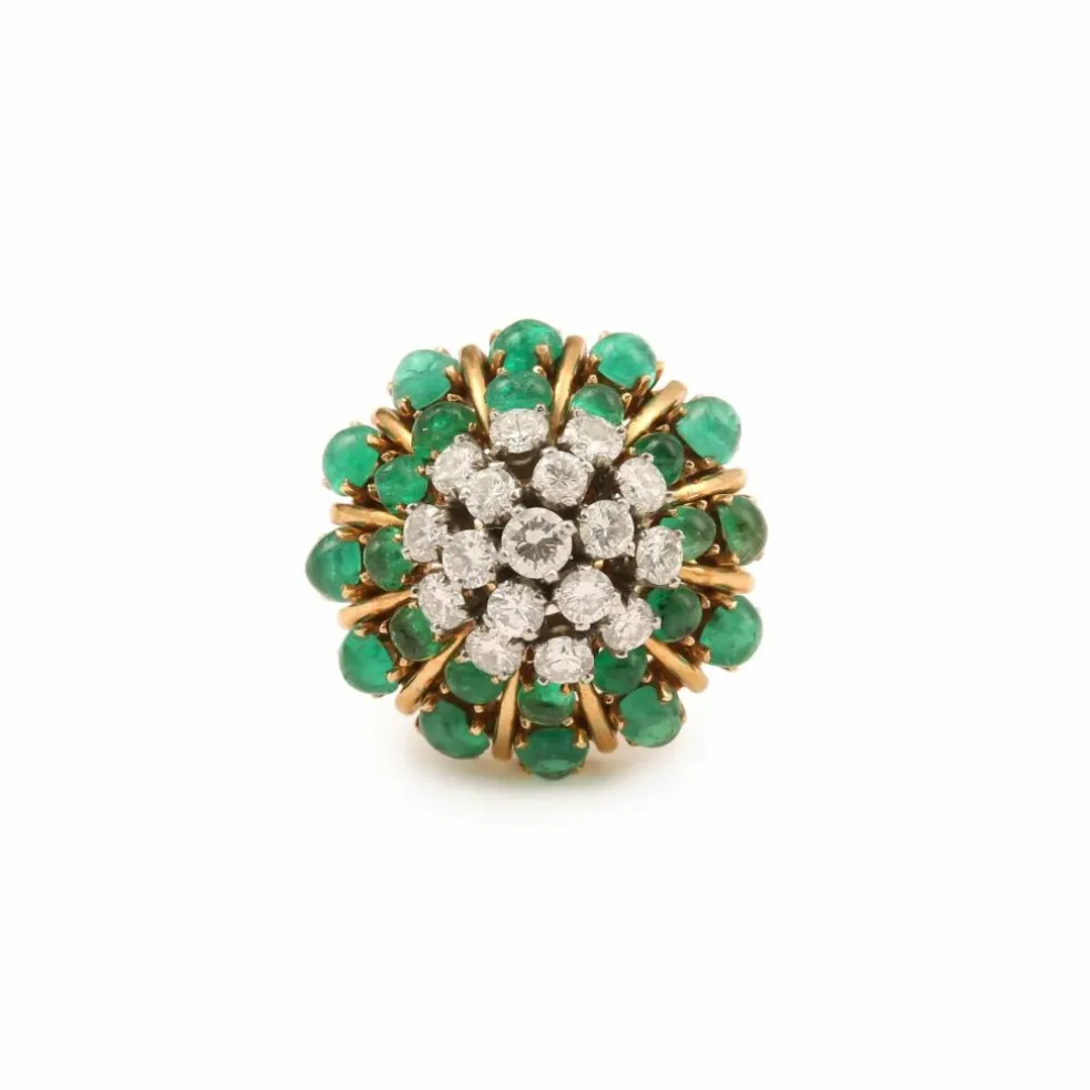 Bague cocktail cabochon émeraudes diamants or jaune