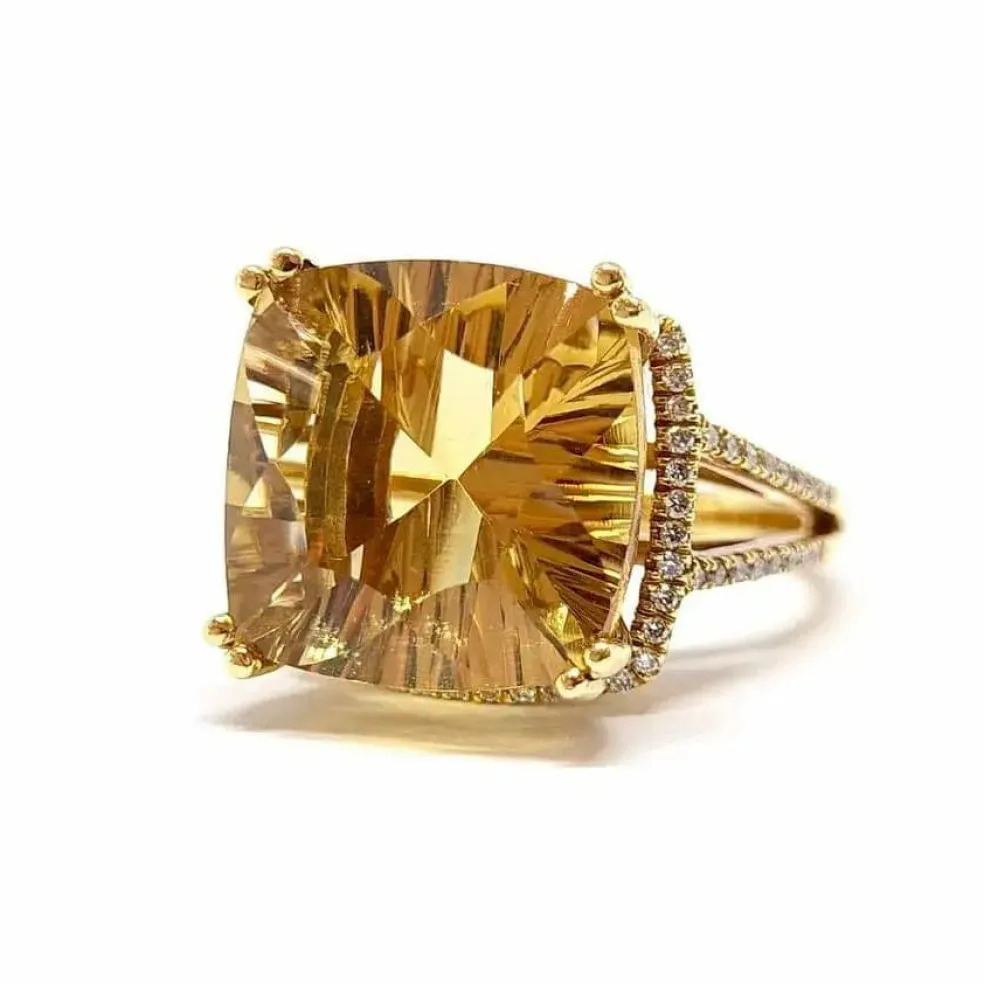Bague cocktail citrine diamants or jaune